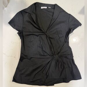 Black Wrap Tie Blouse Short Sleeve Chic Minimalist Work Top Size S